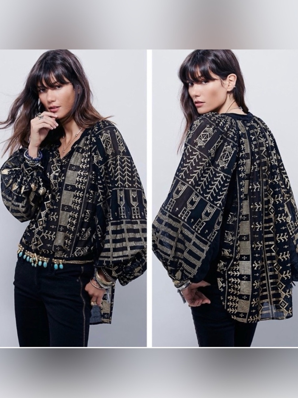 Free People Palacio Black net Blouse with Gold Embroidered Geometric Motifs S